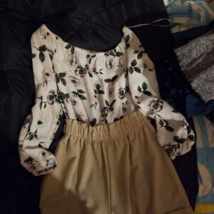 Floral Off-Shoulder Blouse and Tan Pants Set